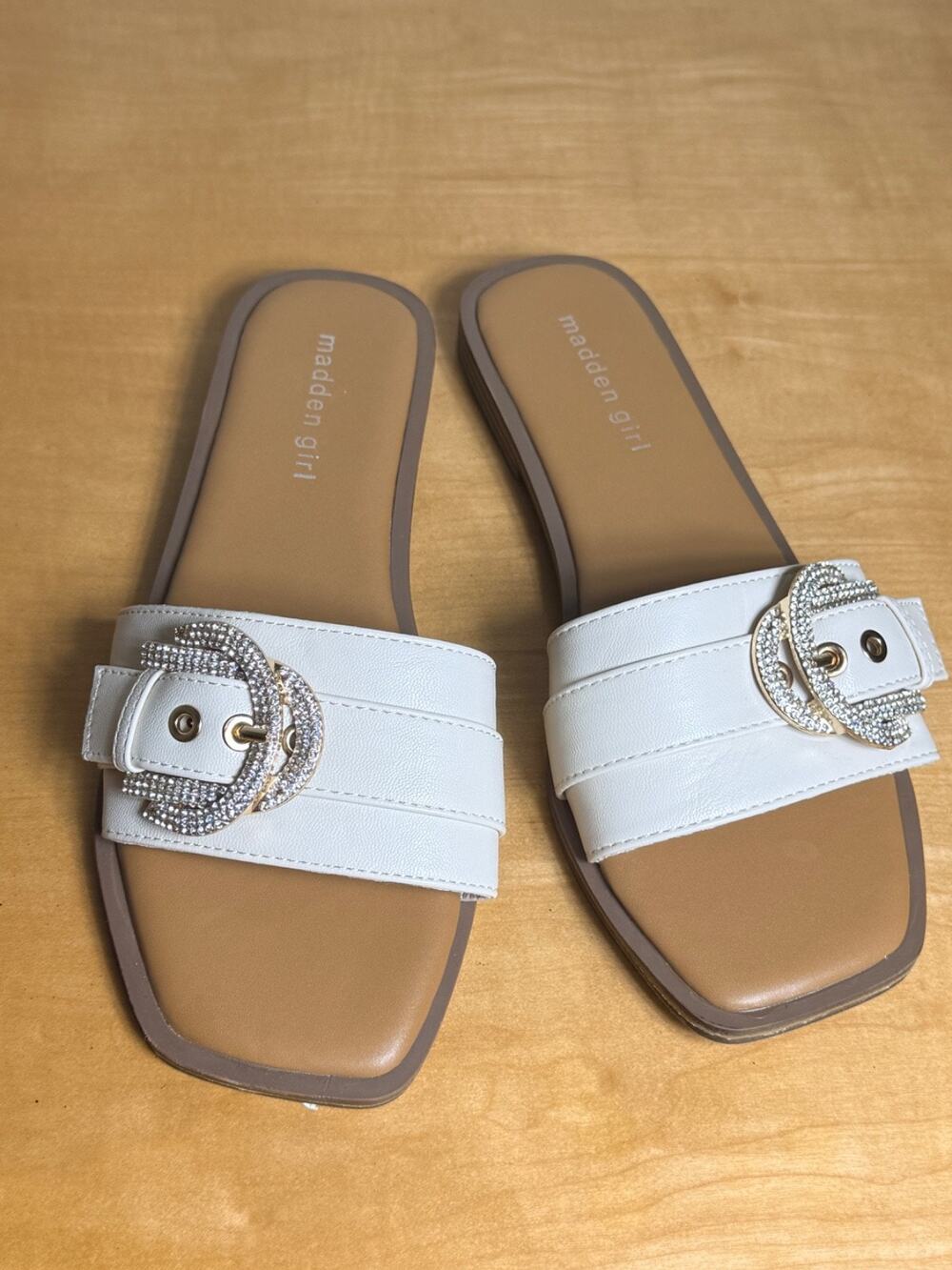 Madden Girl - Women's White Rhinestone Glitter Buckle Slides - 8.5